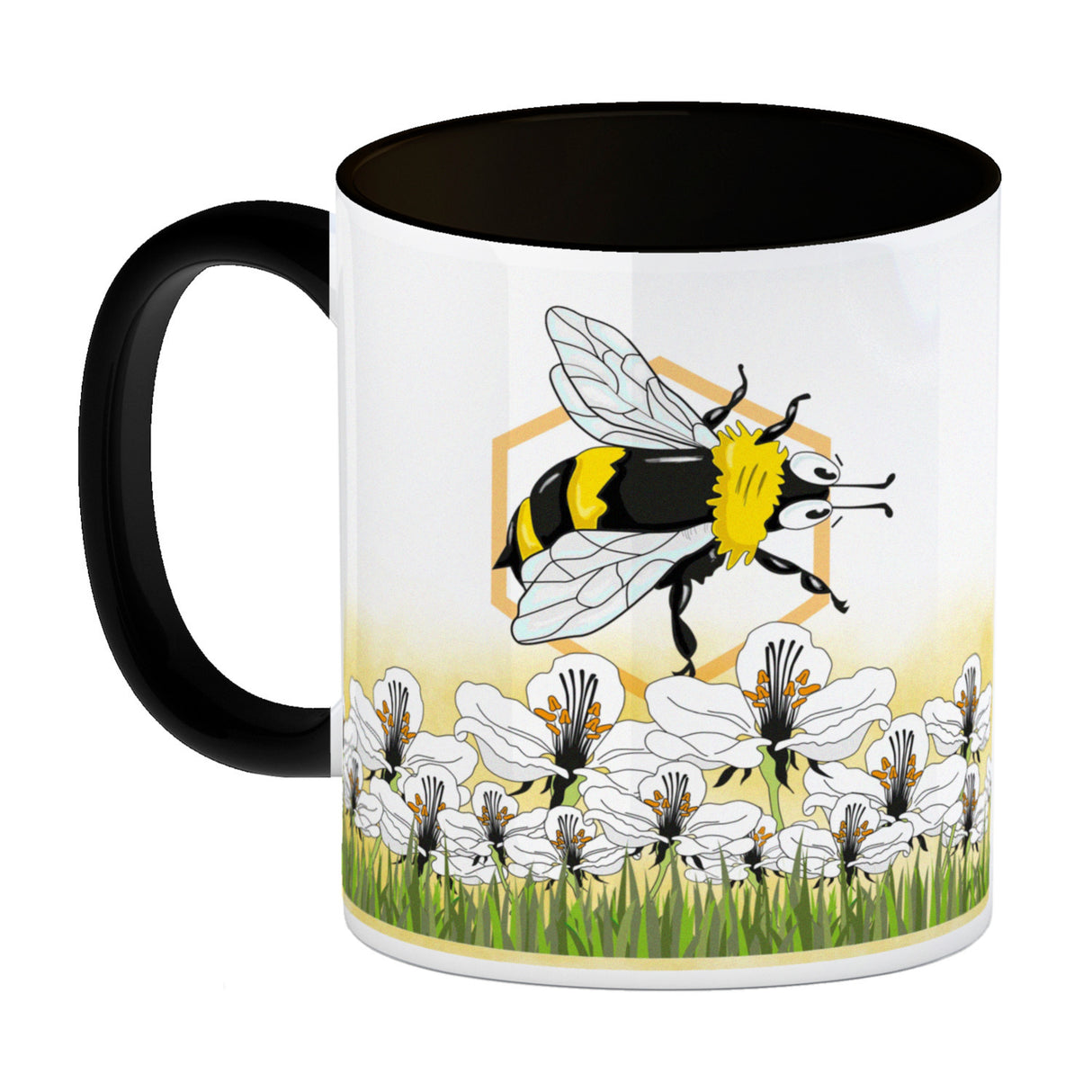 Kaffeebecher mit Wiesen-Motiv, Biene und witzigem Spruch fürs Büro oder Kollegen