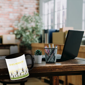 Kaffeebecher mit Wiesen-Motiv, Biene und witzigem Spruch fürs Büro oder Kollegen
