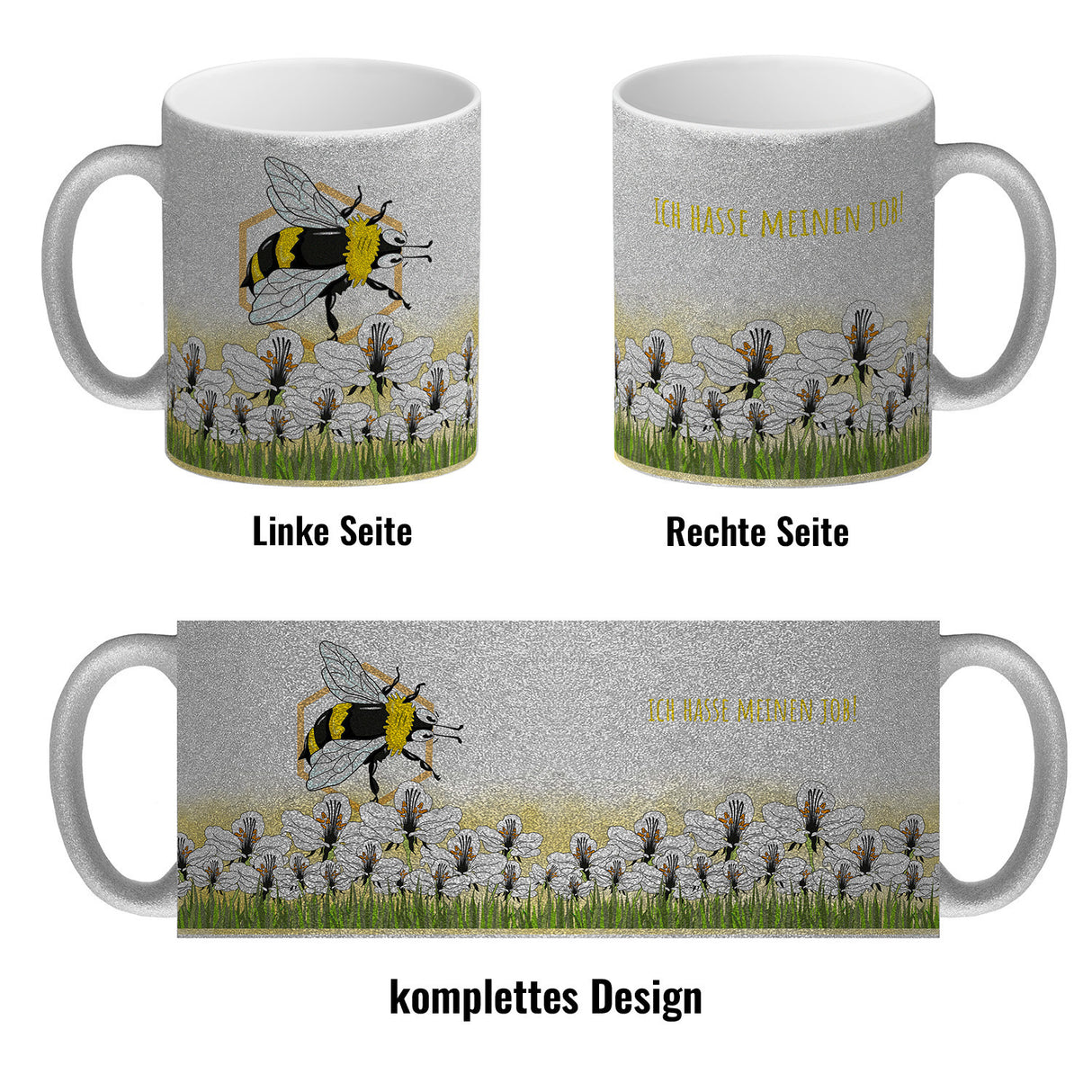 Kaffeebecher mit Wiesen-Motiv, Biene und witzigem Spruch fürs Büro oder Kollegen