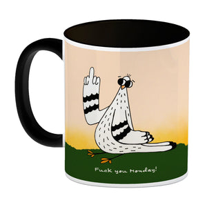 Motivation Kaffeebecher mit lustigen Tauben und Spruch Fuck Monday Hello Friday