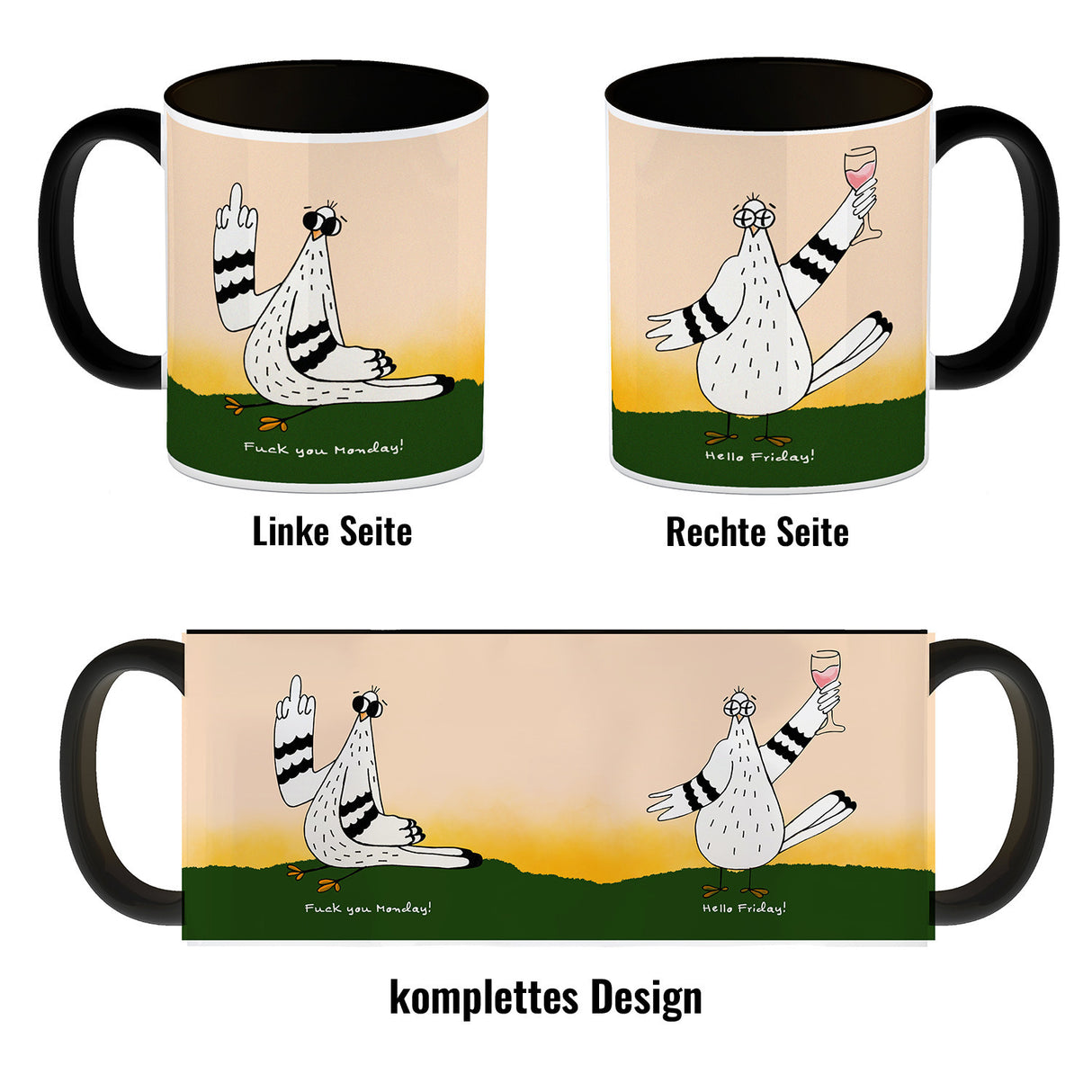 Motivation Kaffeebecher mit lustigen Tauben und Spruch Fuck Monday Hello Friday