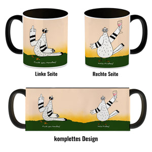 Motivation Kaffeebecher mit lustigen Tauben und Spruch Fuck Monday Hello Friday