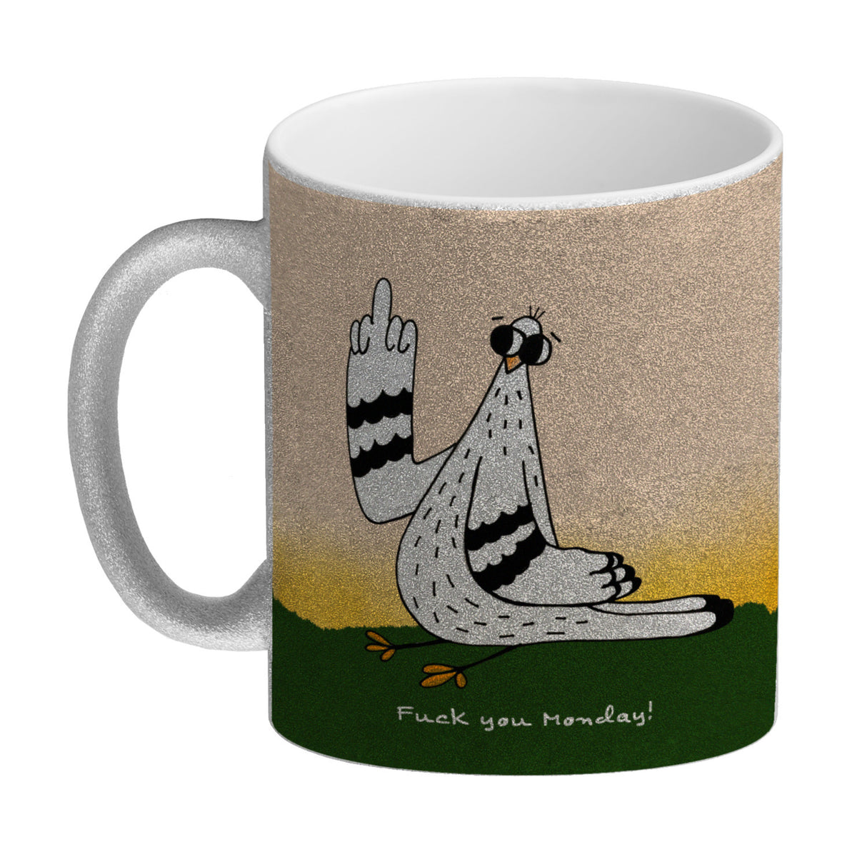 Motivation Kaffeebecher mit lustigen Tauben und Spruch Fuck Monday Hello Friday