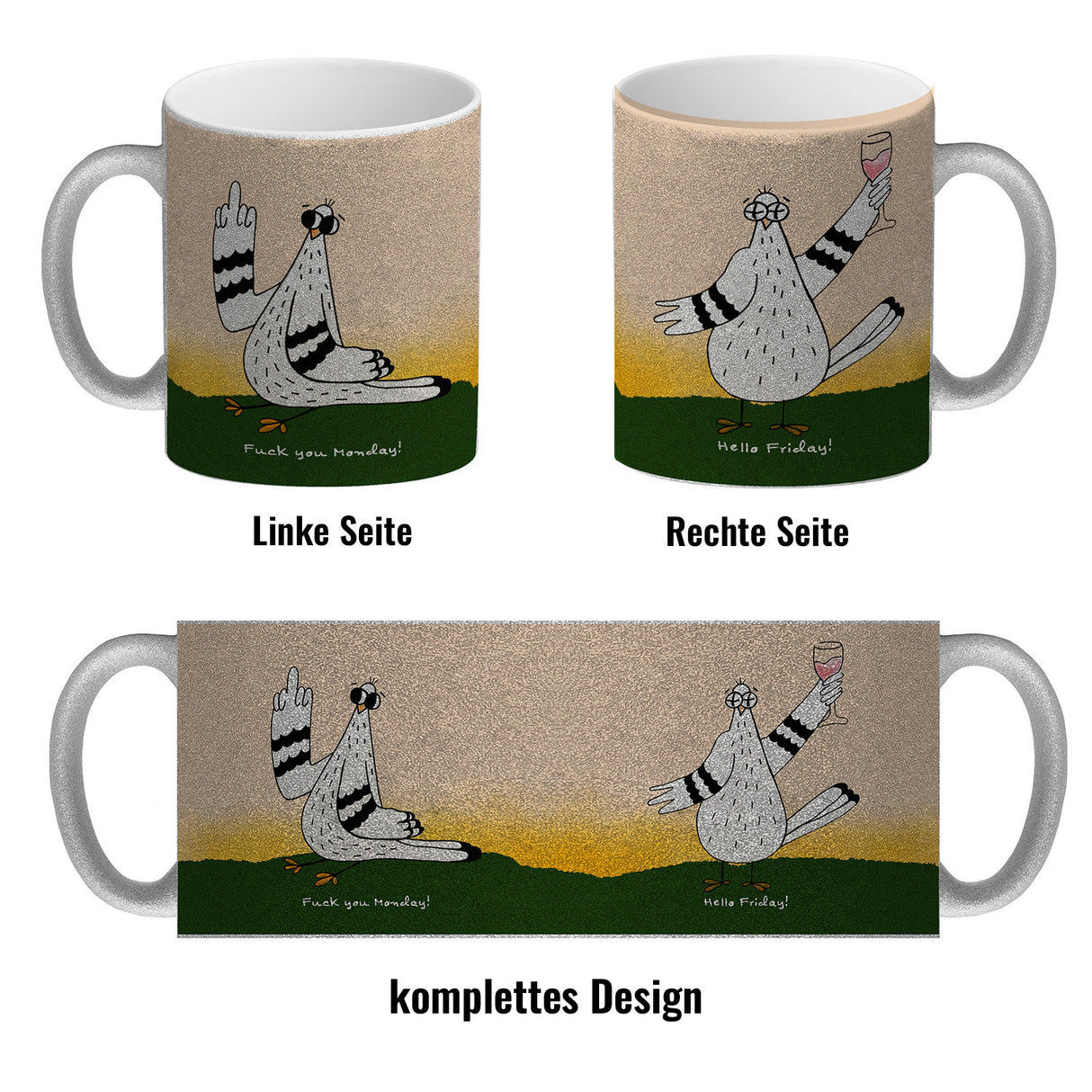 Motivation Kaffeebecher mit lustigen Tauben und Spruch Fuck Monday Hello Friday