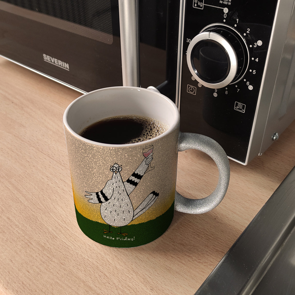 Motivation Kaffeebecher mit lustigen Tauben und Spruch Fuck Monday Hello Friday