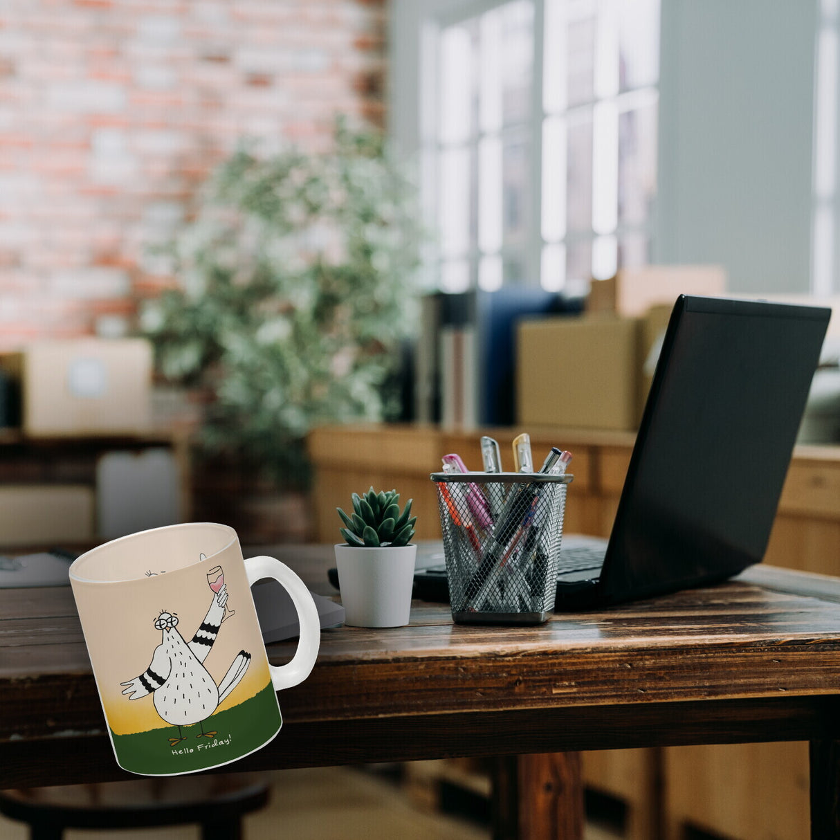 Motivation Kaffeebecher mit lustigen Tauben und Spruch Fuck Monday Hello Friday