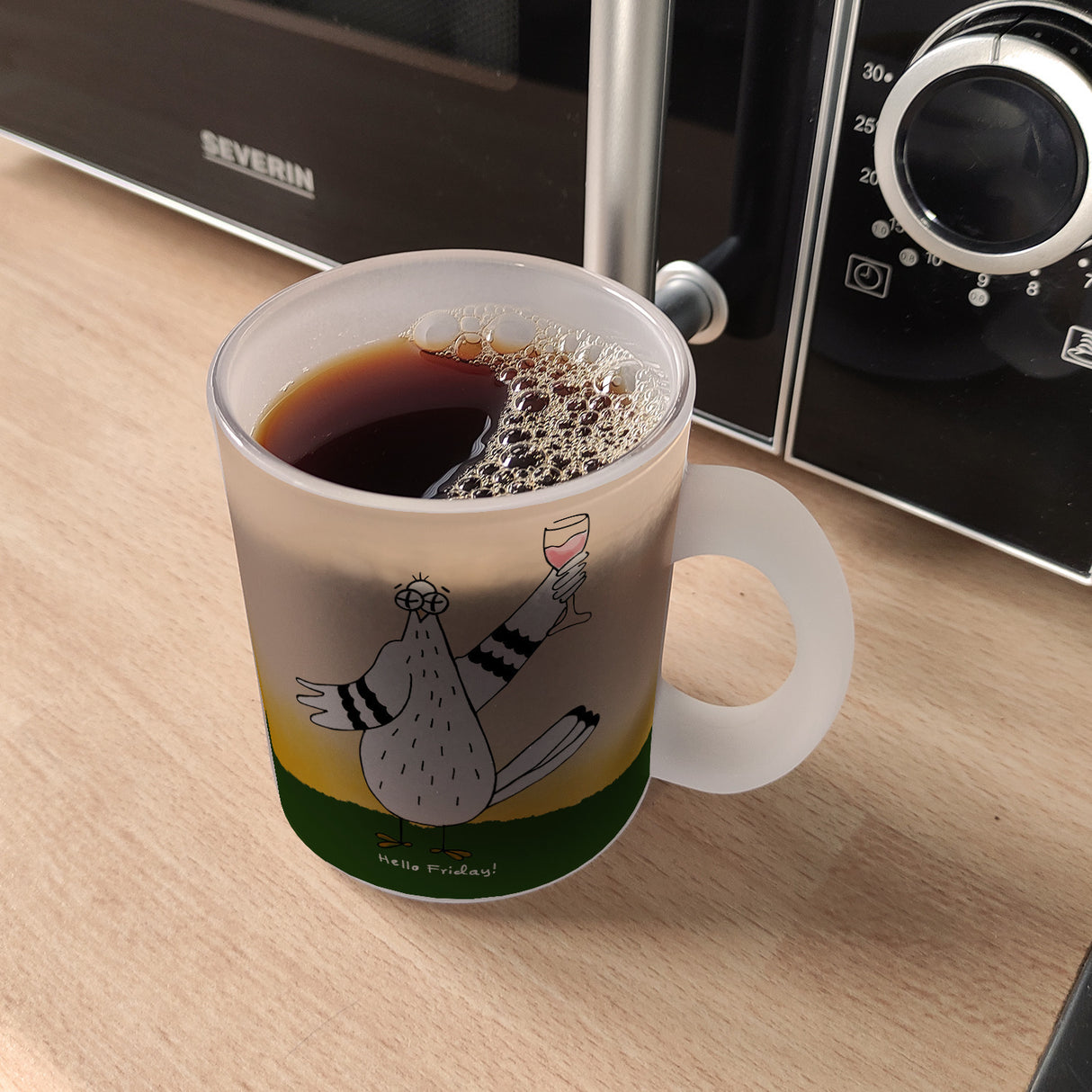 Motivation Kaffeebecher mit lustigen Tauben und Spruch Fuck Monday Hello Friday