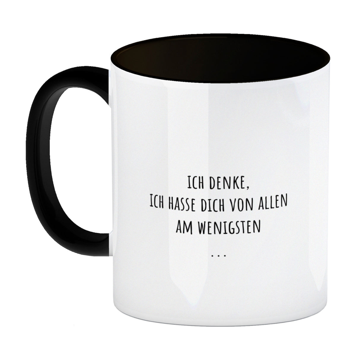 Kaffeebecher mit ironischem Spruch, gezeichnetem Charakter und Steinschleuder