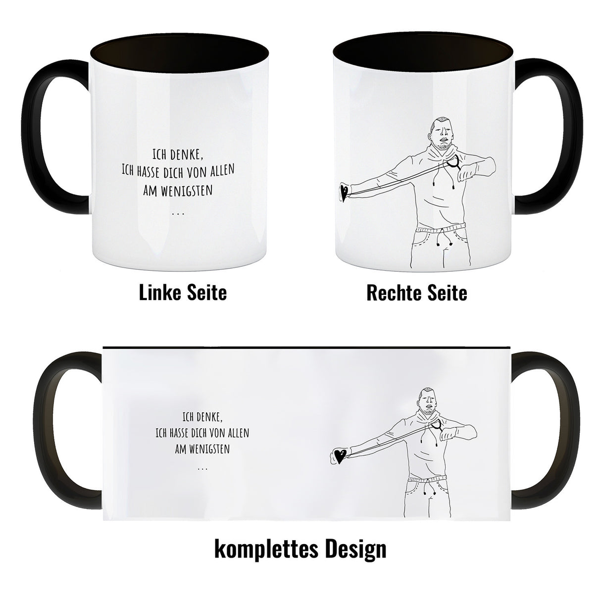 Kaffeebecher mit ironischem Spruch, gezeichnetem Charakter und Steinschleuder