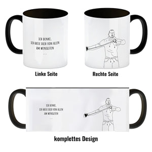 Kaffeebecher mit ironischem Spruch, gezeichnetem Charakter und Steinschleuder