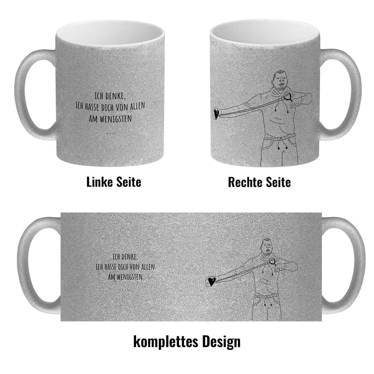 Kaffeebecher mit ironischem Spruch, gezeichnetem Charakter und Steinschleuder