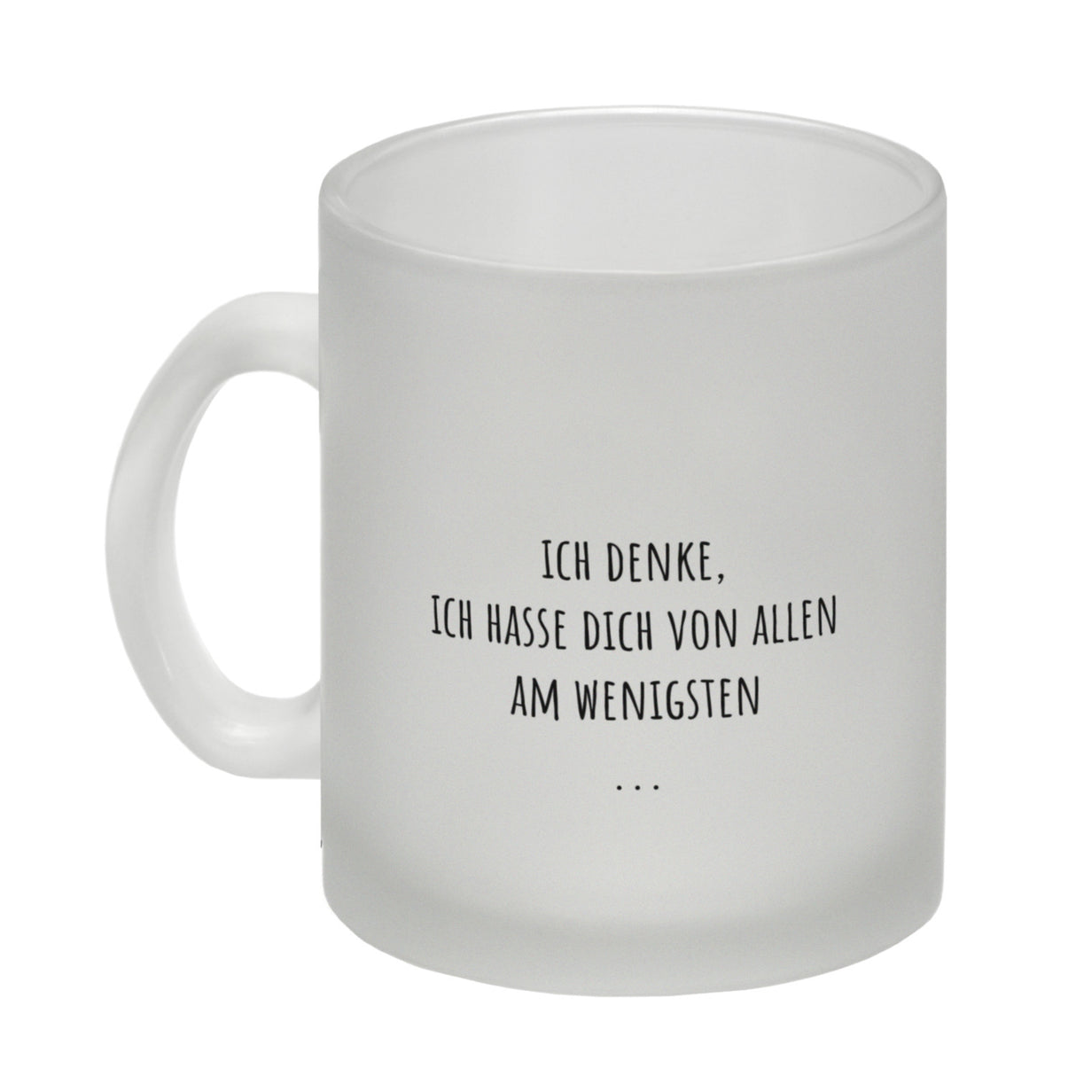 Kaffeebecher mit ironischem Spruch, gezeichnetem Charakter und Steinschleuder