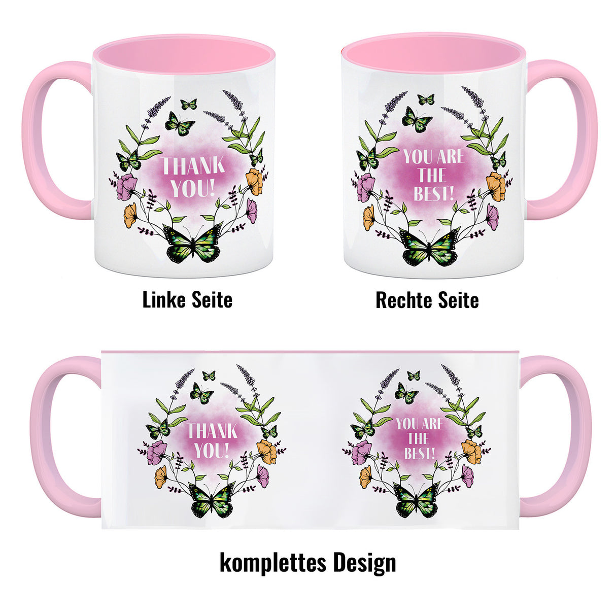 Kaffeebecher mit motivierenden Worten und Blumenrahmen mit Schmetterlingen