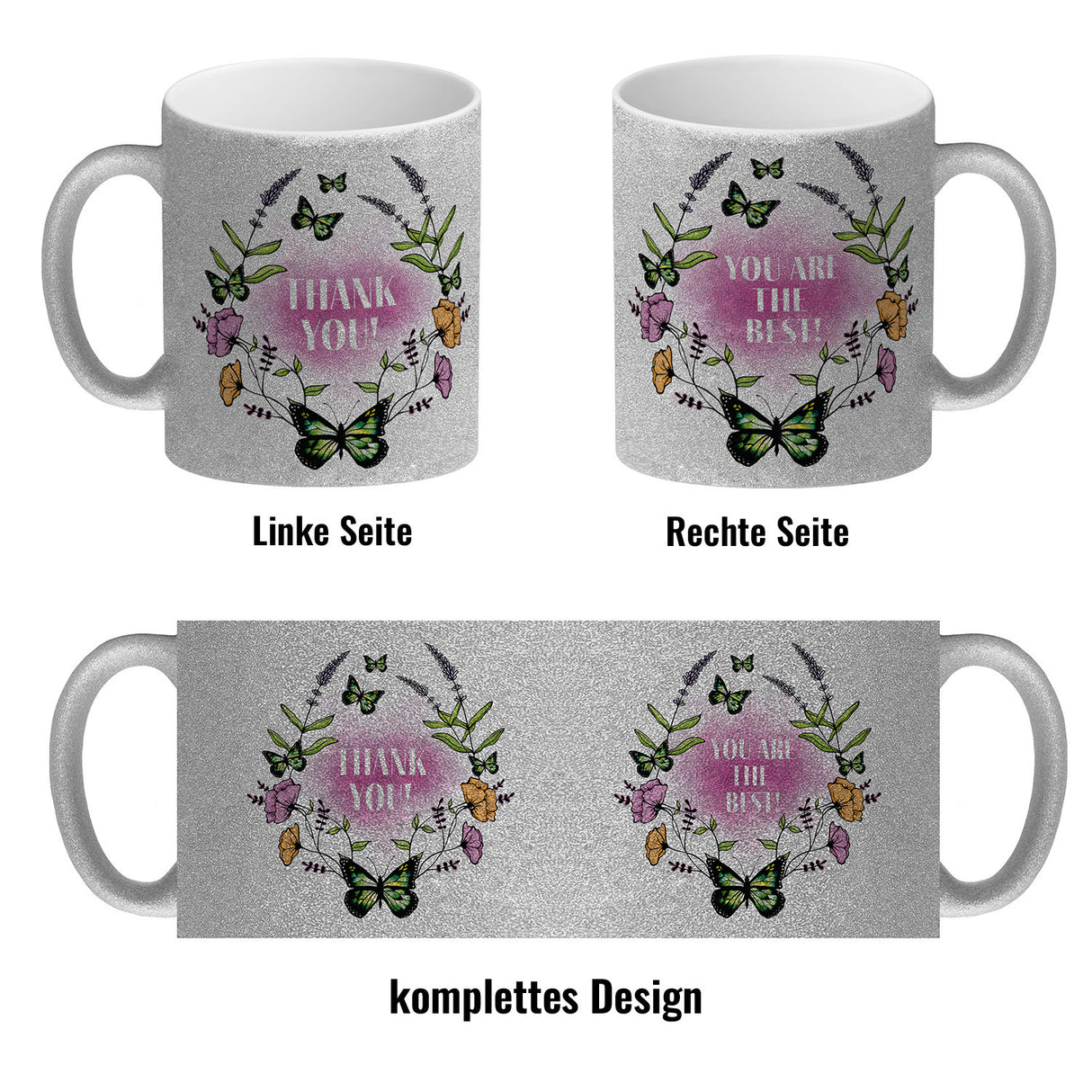 Kaffeebecher mit motivierenden Worten und Blumenrahmen mit Schmetterlingen