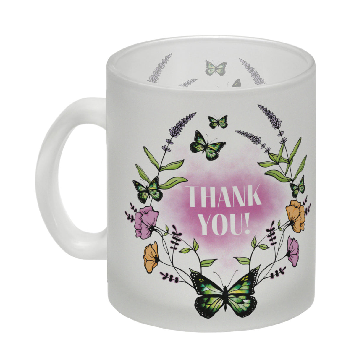 Kaffeebecher mit motivierenden Worten und Blumenrahmen mit Schmetterlingen