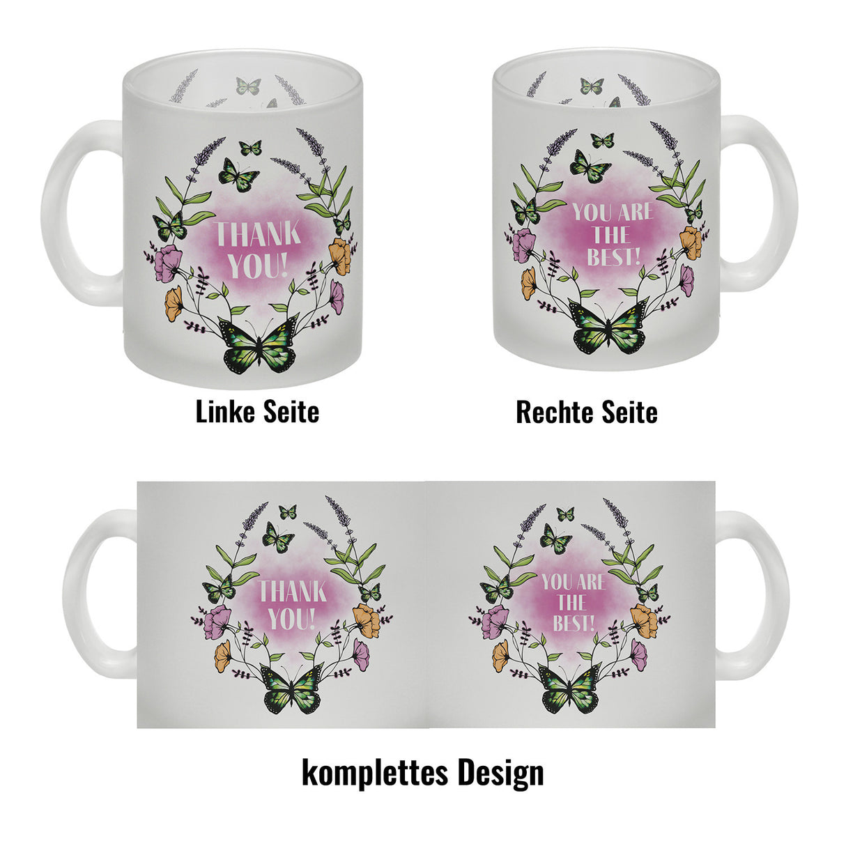 Kaffeebecher mit motivierenden Worten und Blumenrahmen mit Schmetterlingen
