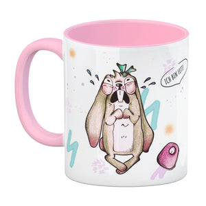 Kaffeebecher mit unzufriedenem, traurigem Hasen und witzigen Sprüchen