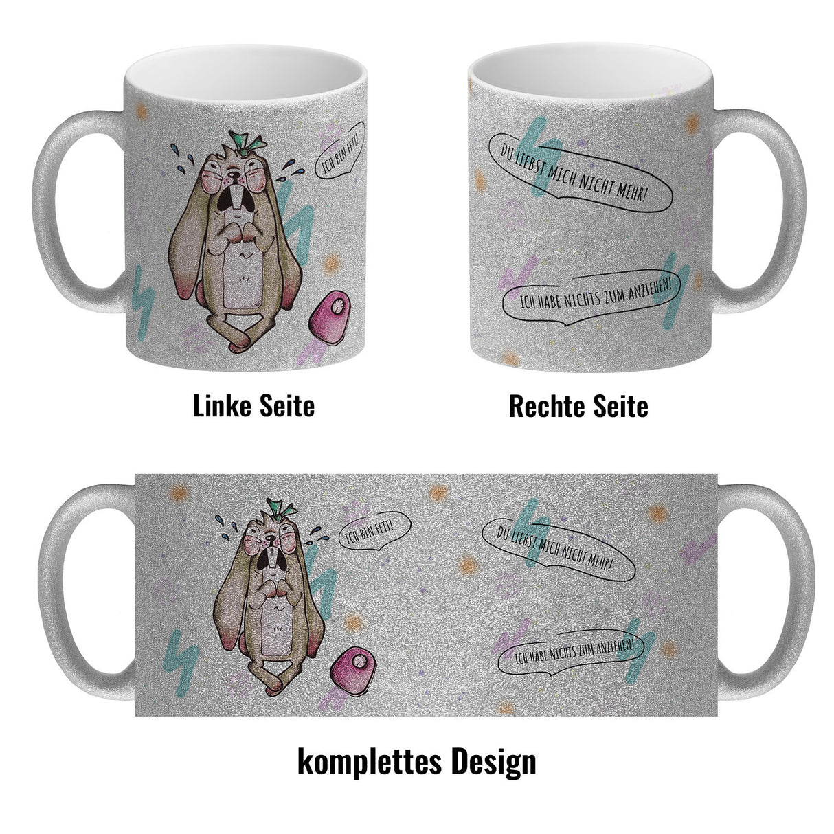 Kaffeebecher mit unzufriedenem, traurigem Hasen und witzigen Sprüchen