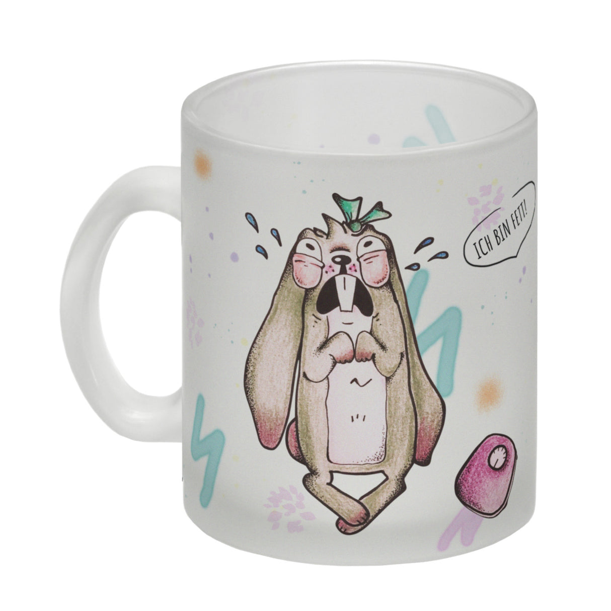 Kaffeebecher mit unzufriedenem, traurigem Hasen und witzigen Sprüchen