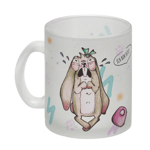 Kaffeebecher mit unzufriedenem, traurigem Hasen und witzigen Sprüchen