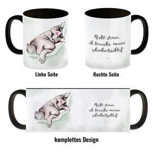 Kaffeebecher in pastellfarben mit schlafender Katze und witzigem Spruch