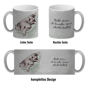 Kaffeebecher in pastellfarben mit schlafender Katze und witzigem Spruch