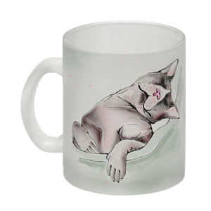 Kaffeebecher in pastellfarben mit schlafender Katze und witzigem Spruch