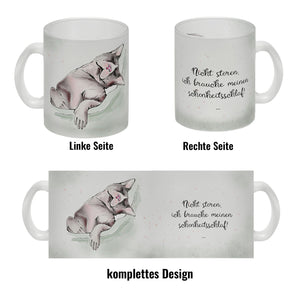 Kaffeebecher in pastellfarben mit schlafender Katze und witzigem Spruch