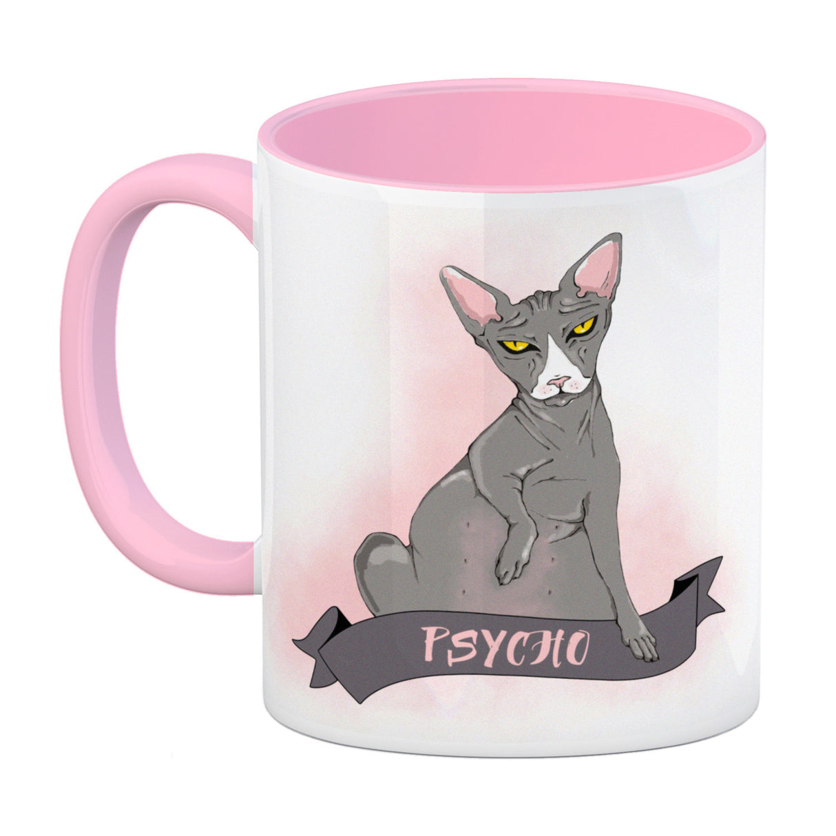 Kaffeebecher mit böse schauender Nacktkatze und Spruch Psycho/Problem?