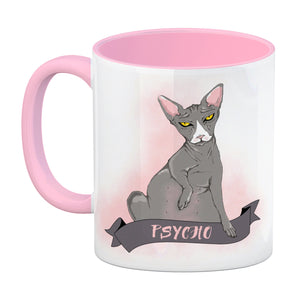 Kaffeebecher mit böse schauender Nacktkatze und Spruch Psycho/Problem?