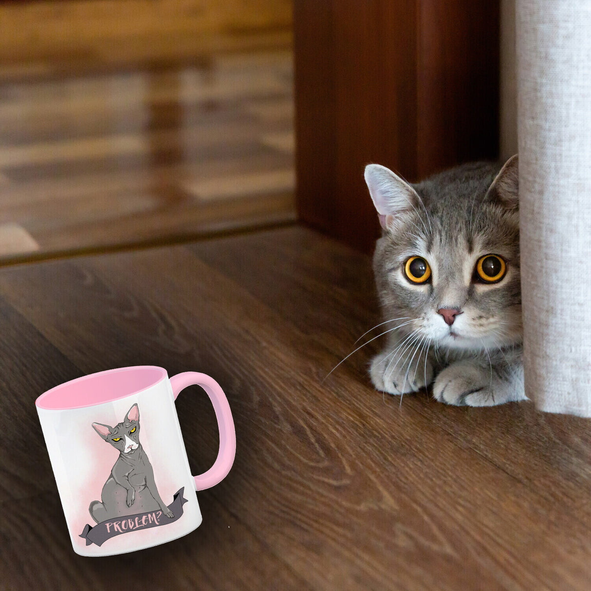 Kaffeebecher mit böse schauender Nacktkatze und Spruch Psycho/Problem?