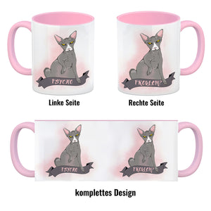 Kaffeebecher mit böse schauender Nacktkatze und Spruch Psycho/Problem?