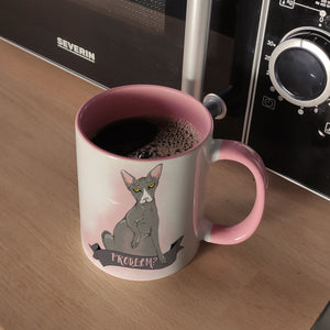 Kaffeebecher mit böse schauender Nacktkatze und Spruch Psycho/Problem?