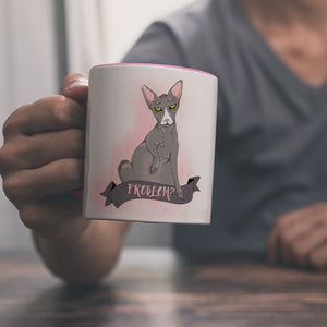 Kaffeebecher mit böse schauender Nacktkatze und Spruch Psycho/Problem?