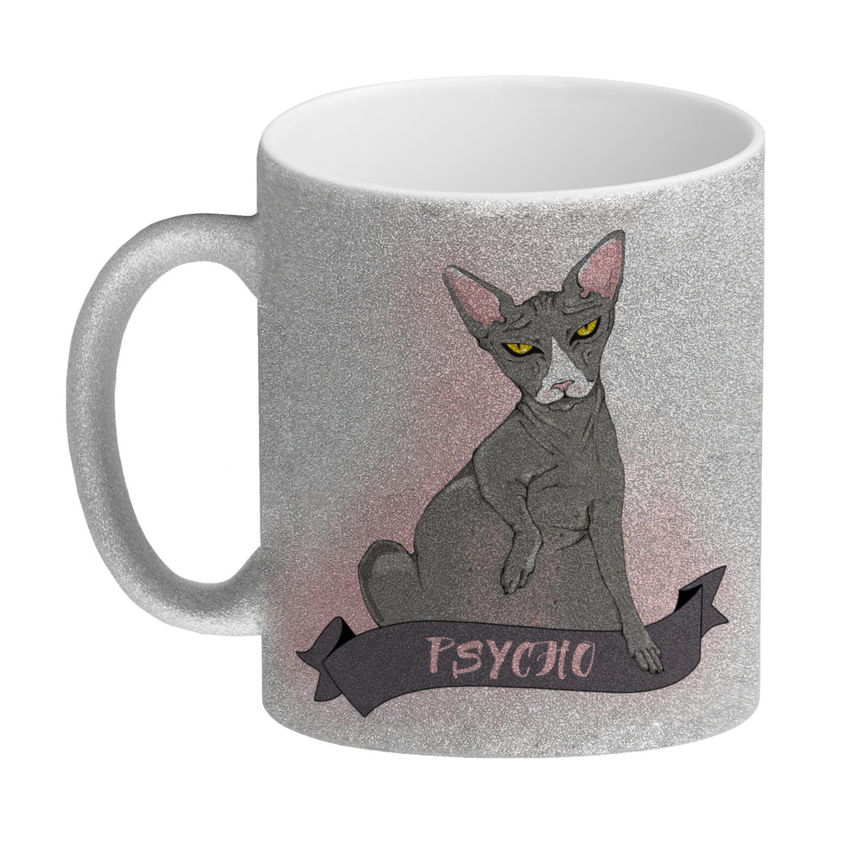 Kaffeebecher mit böse schauender Nacktkatze und Spruch Psycho/Problem?