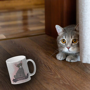 Kaffeebecher mit böse schauender Nacktkatze und Spruch Psycho/Problem?