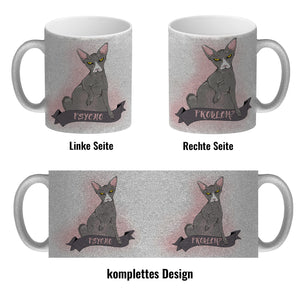 Kaffeebecher mit böse schauender Nacktkatze und Spruch Psycho/Problem?