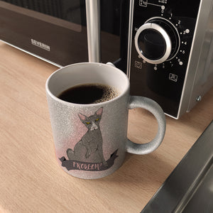 Kaffeebecher mit böse schauender Nacktkatze und Spruch Psycho/Problem?
