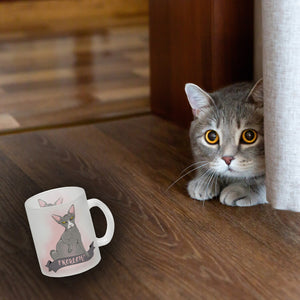 Kaffeebecher mit böse schauender Nacktkatze und Spruch Psycho/Problem?