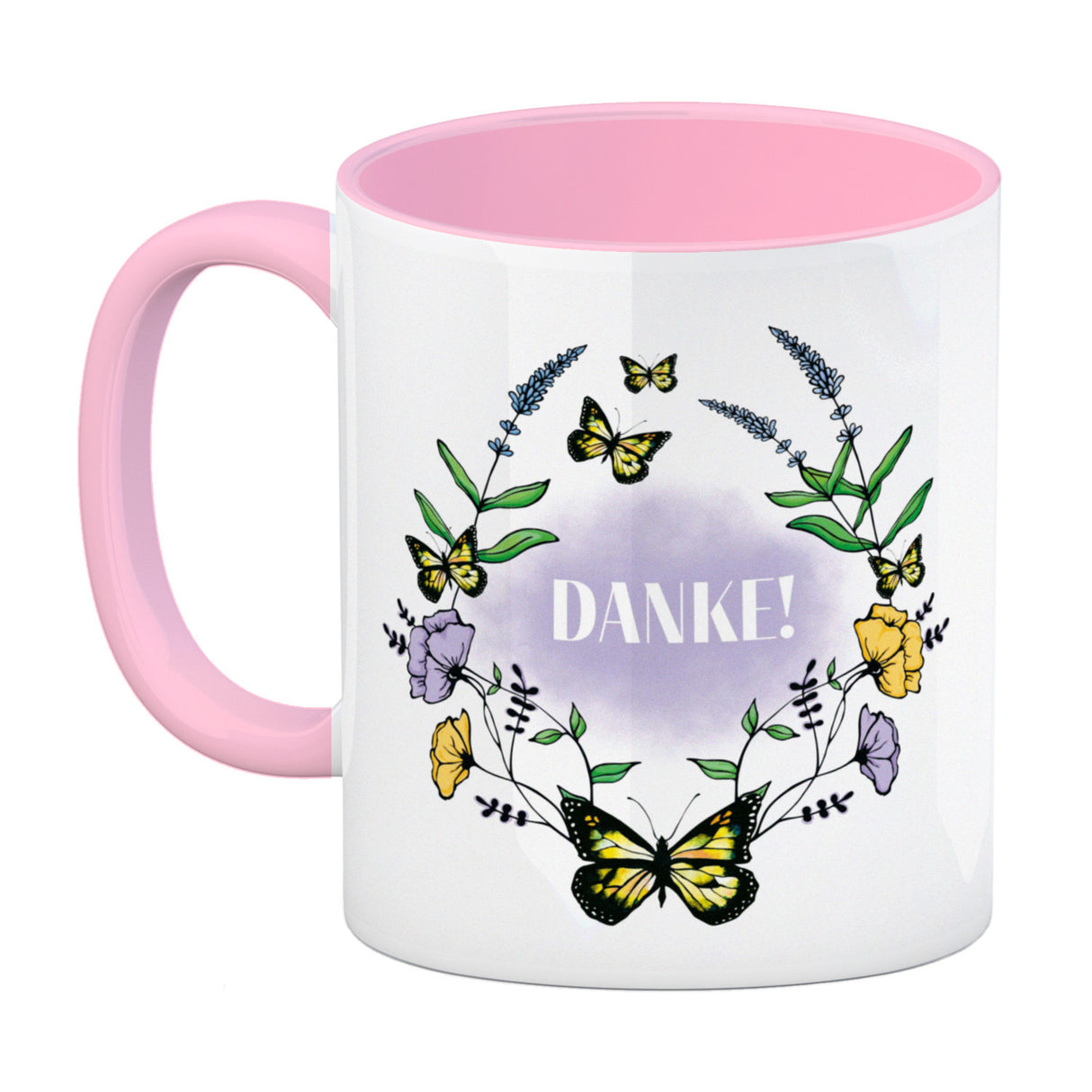 Kaffeebecher mit motivierenden Worten und Blumenrahmen mit Schmetterlingen