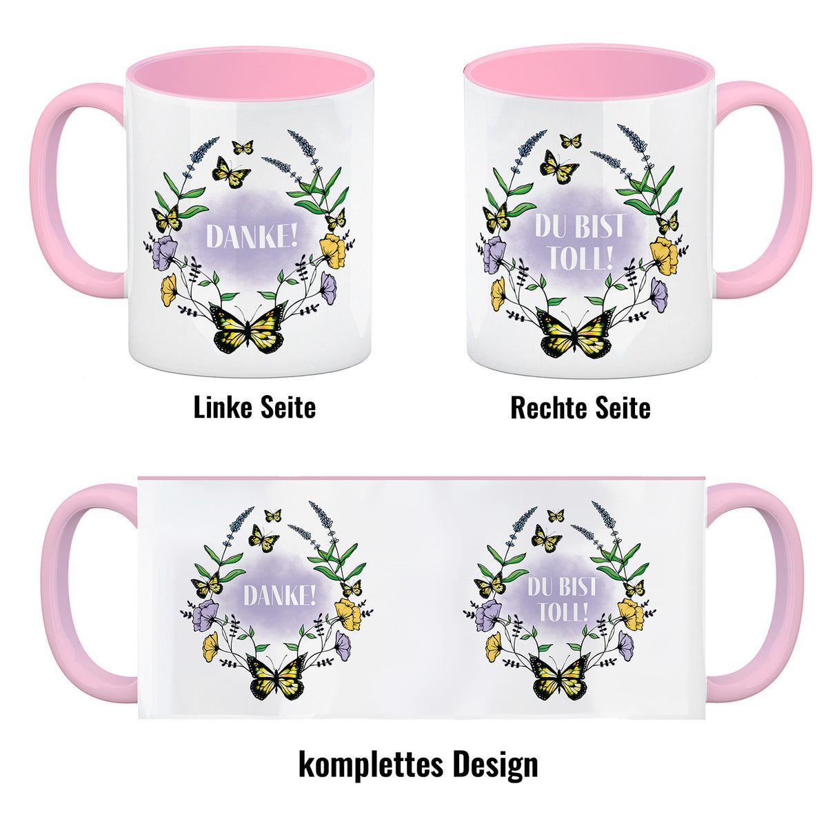 Kaffeebecher mit motivierenden Worten und Blumenrahmen mit Schmetterlingen