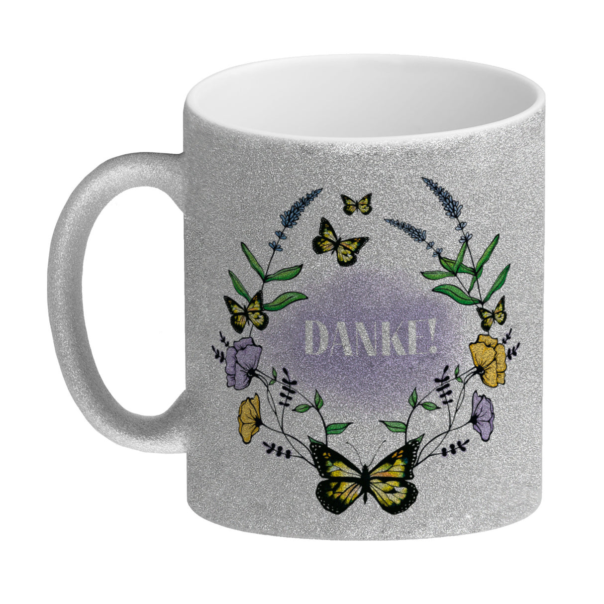 Kaffeebecher mit motivierenden Worten und Blumenrahmen mit Schmetterlingen