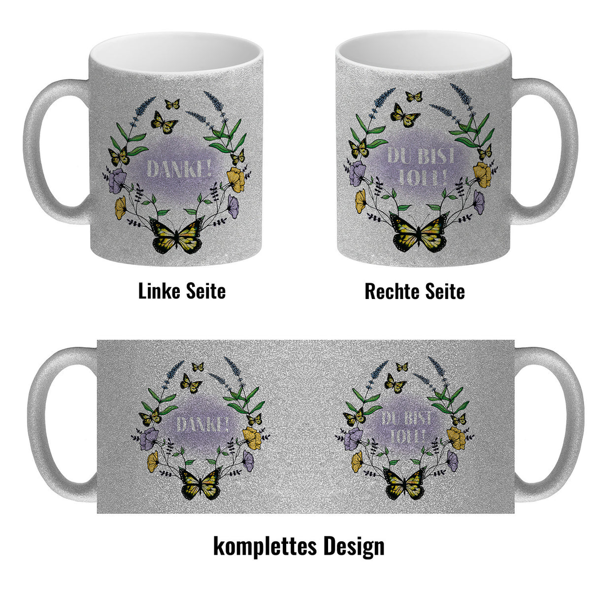 Kaffeebecher mit motivierenden Worten und Blumenrahmen mit Schmetterlingen
