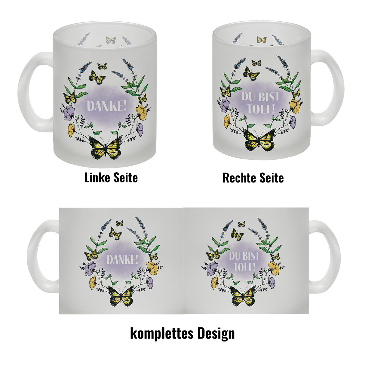 Kaffeebecher mit motivierenden Worten und Blumenrahmen mit Schmetterlingen