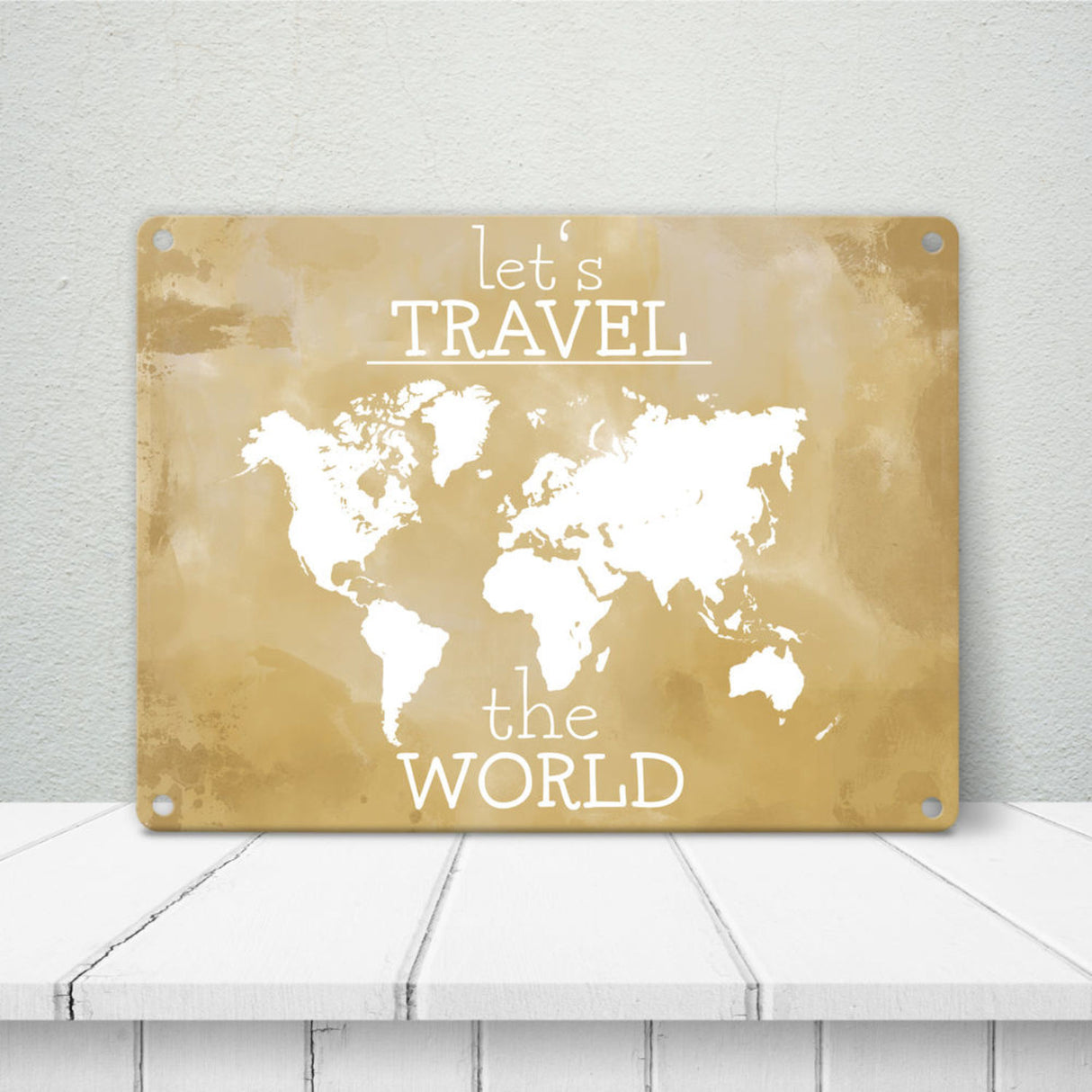 Metallschild mit Weltkarte und Spruch - let's travel the world