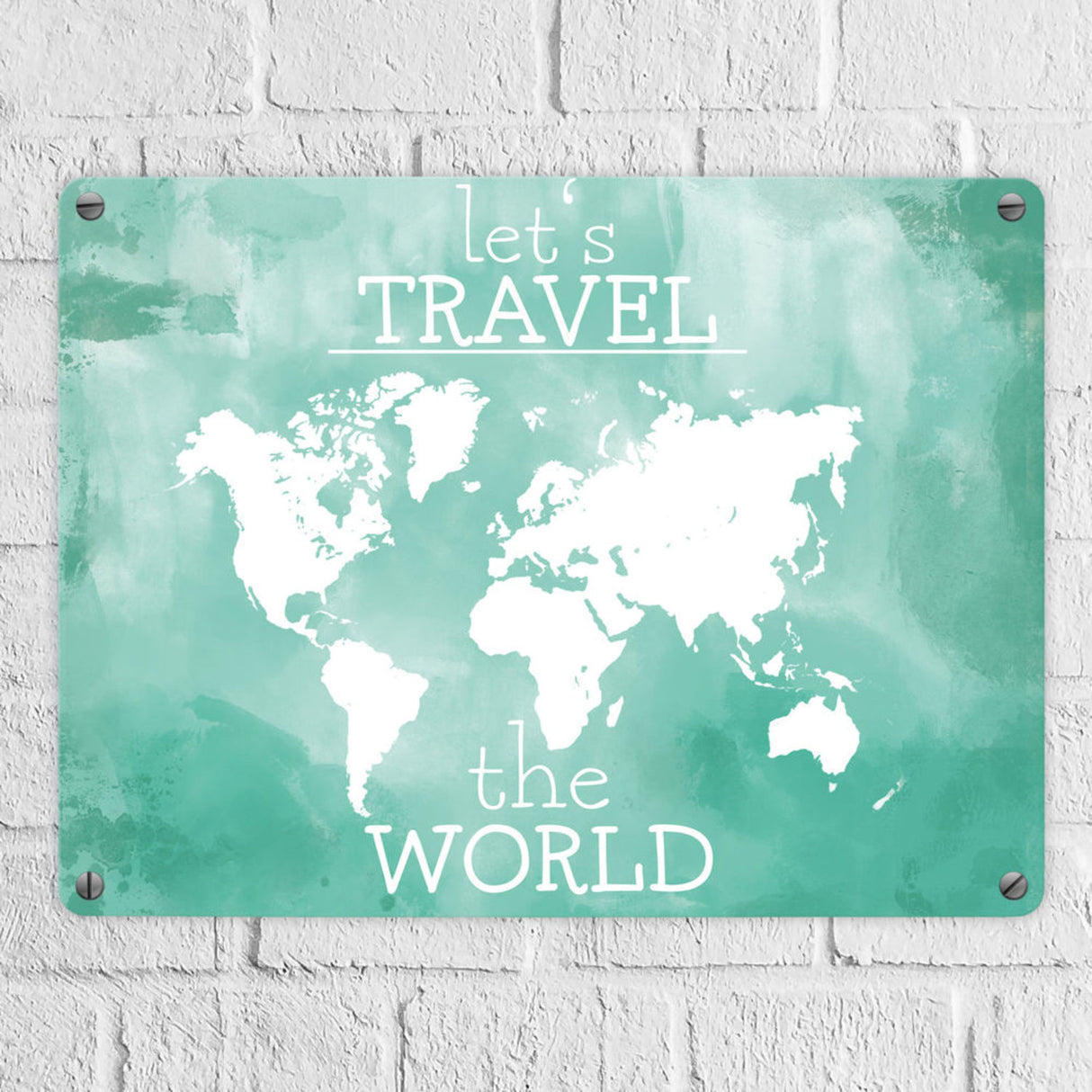 Metallschild mit Weltkarte und Spruch - let's travel the world