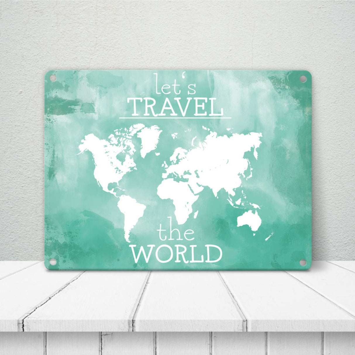 Metallschild mit Weltkarte und Spruch - let's travel the world