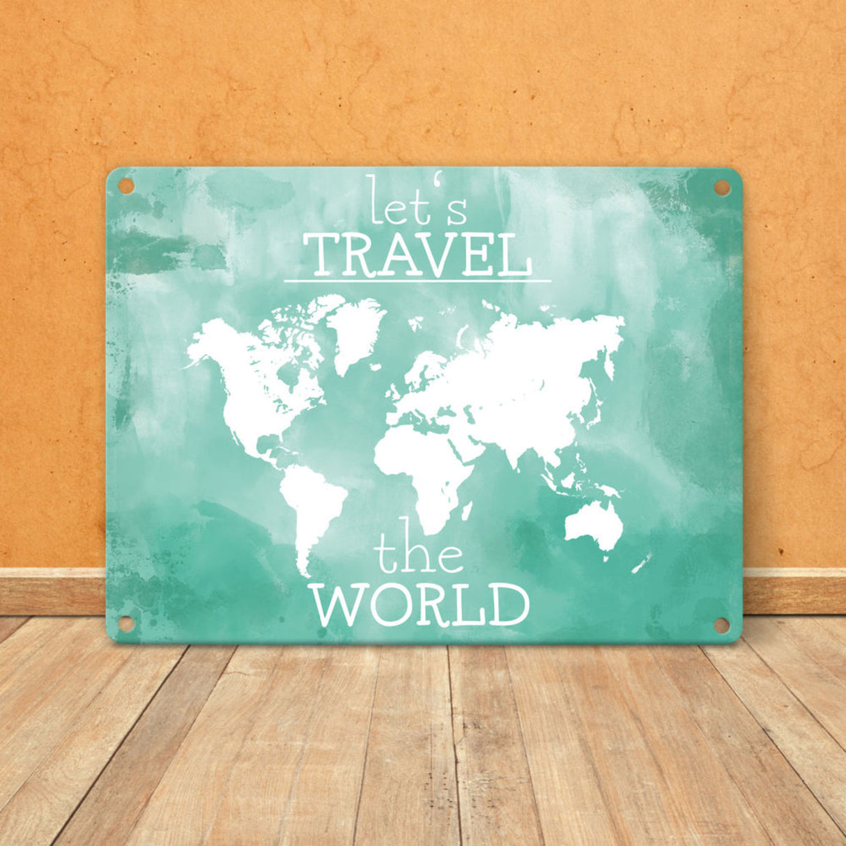 Metallschild mit Weltkarte und Spruch - let's travel the world
