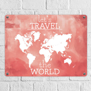 Metallschild mit Weltkarte und Spruch - let's travel the world