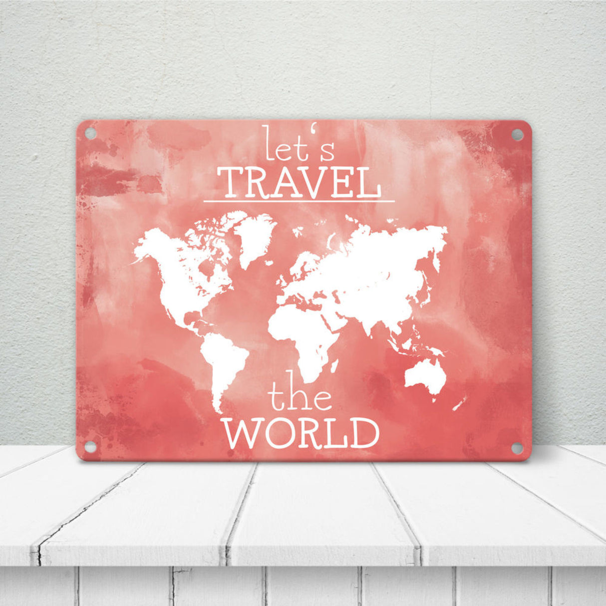 Metallschild mit Weltkarte und Spruch - let's travel the world